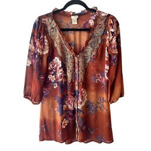 Vintage Y2K Daytrip Floral Sheer Boho Blouse – Lace Trim sz M – Phoebe Coquette